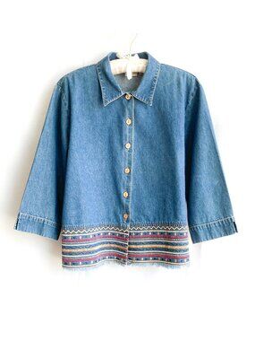 Denim Shirt with Embroidered Trim Mountain Lake sz LP Wood Buttons Fringe